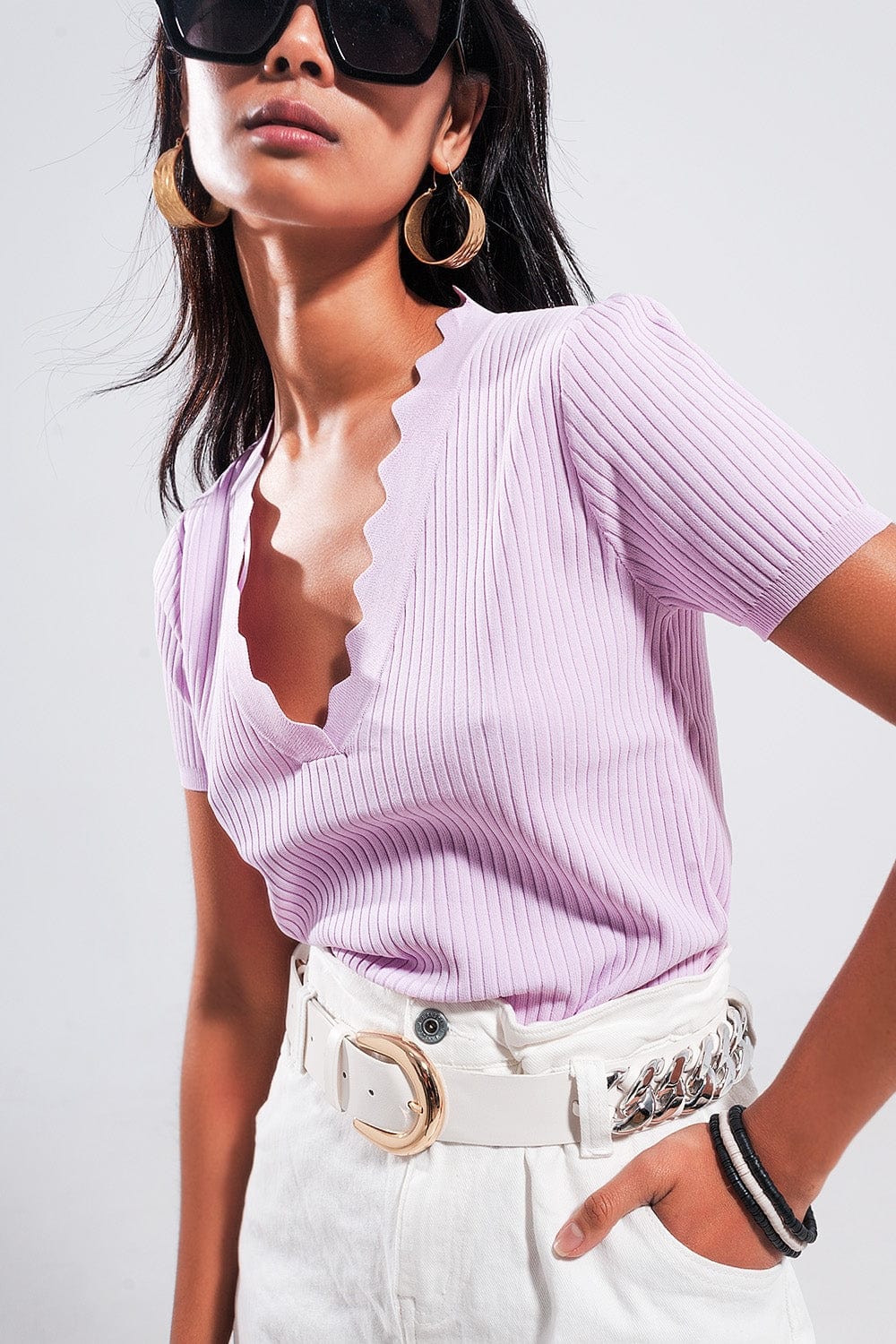 Q2 Women's Sweater Ribbed V Neck Jumper in Lilac