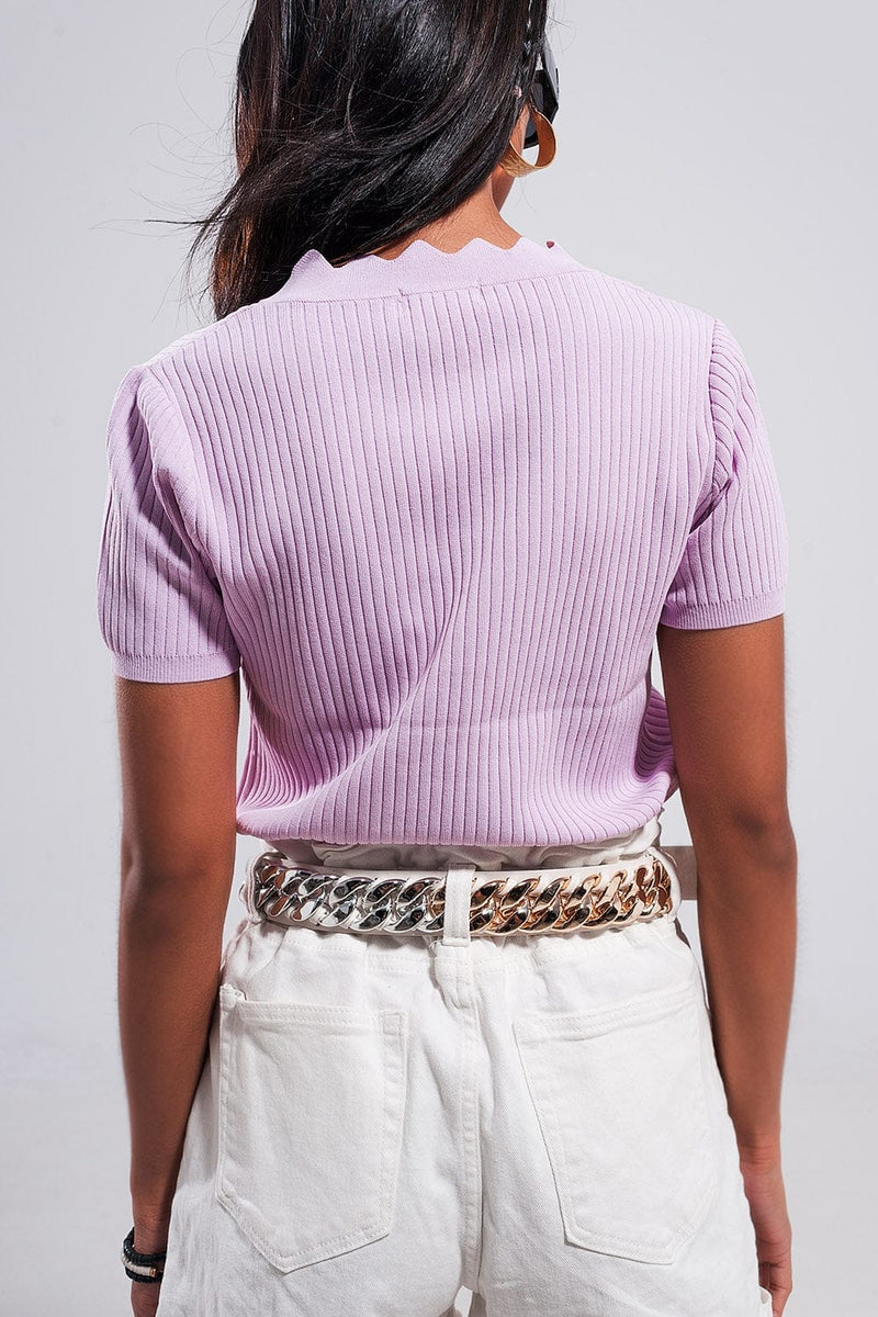 Q2 Women's Sweater Ribbed V Neck Jumper in Lilac