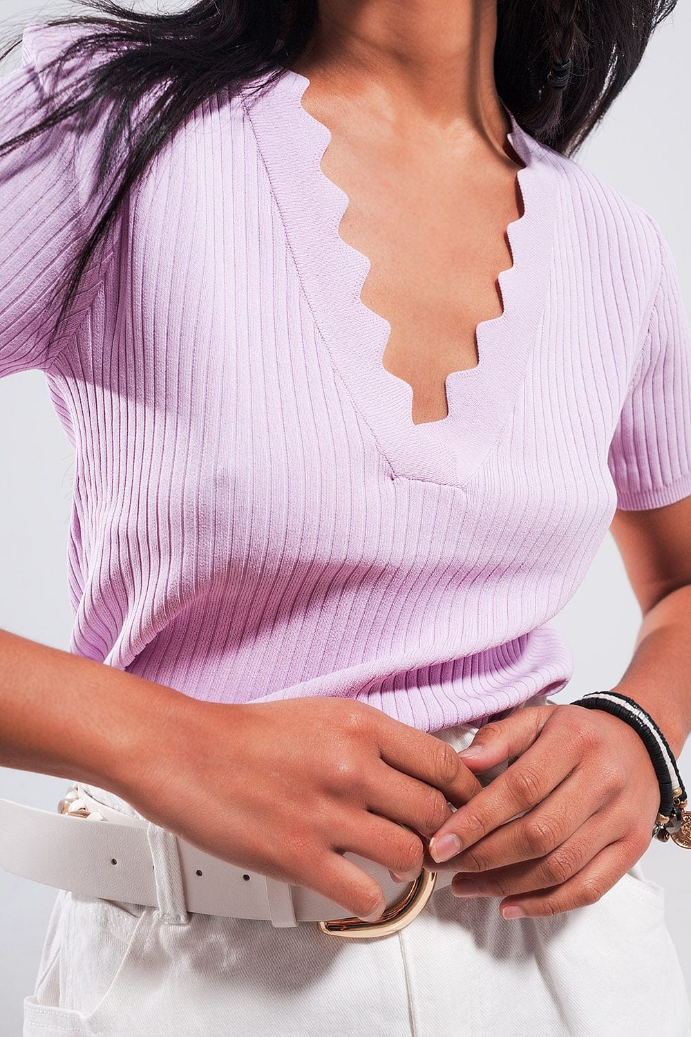 Q2 Women's Sweater Ribbed V Neck Jumper in Lilac