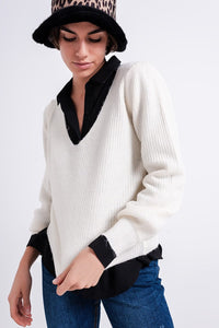 Q2 Women's Sweater Ribbed V Neck Jumper in Off White