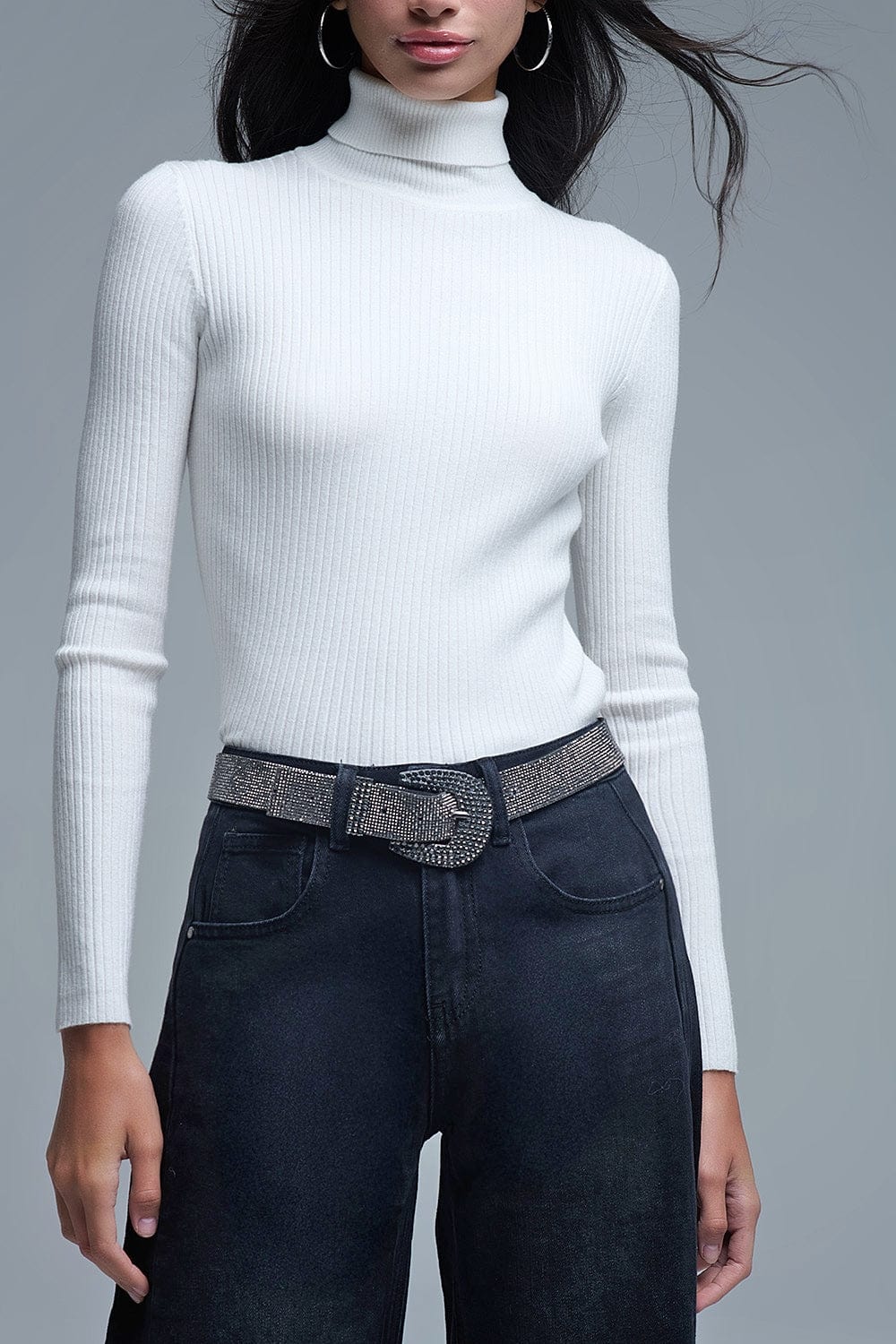 Q2 Women's Sweater Rolled Turtle Neck Ribbed Sweater In White