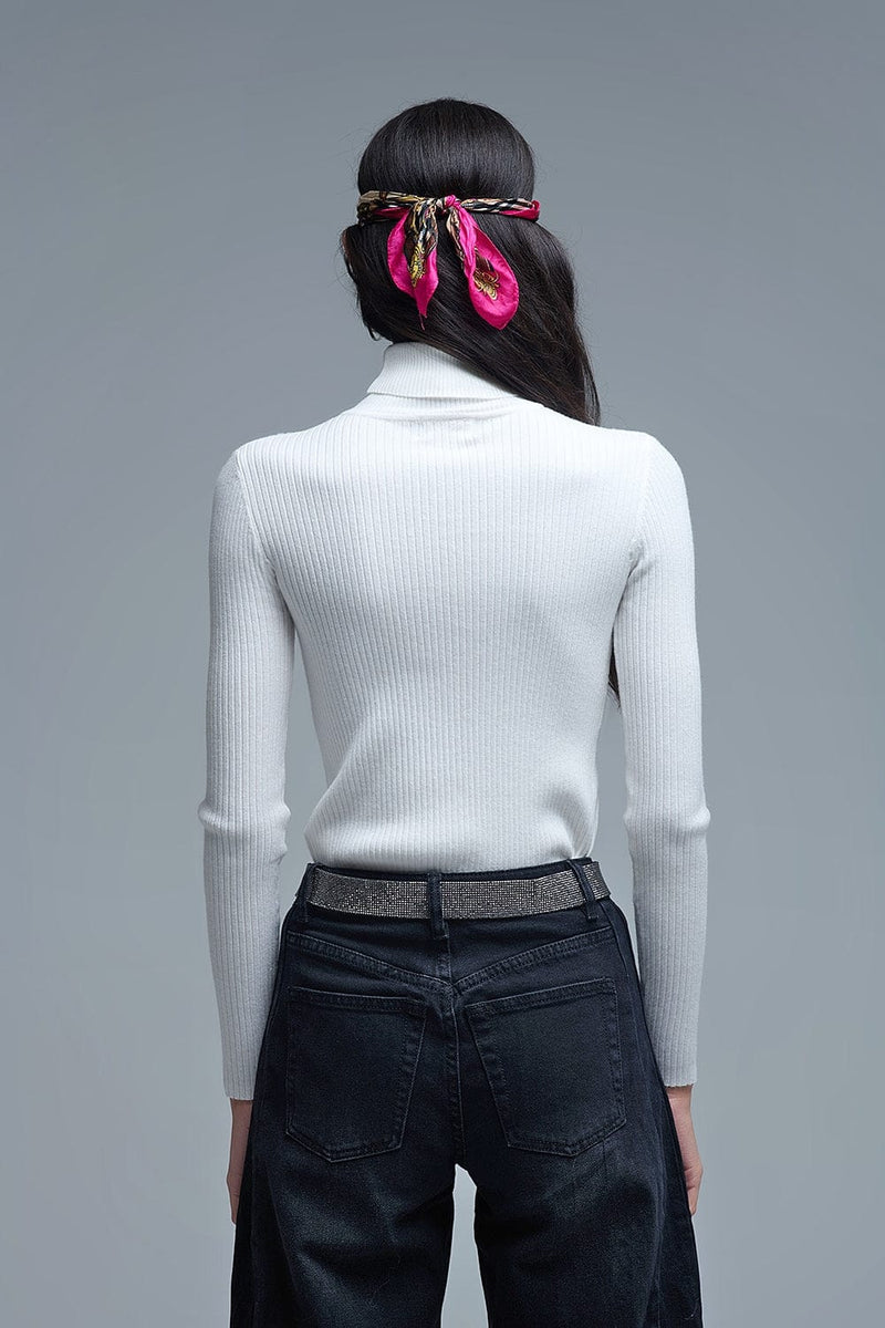 Q2 Women's Sweater Rolled Turtle Neck Ribbed Sweater In White