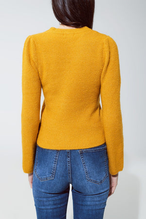 Q2 Women's Sweater Round Neck Chunky Ribbed Jumper In Mustard