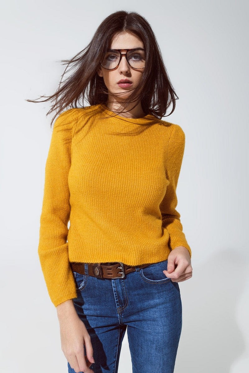 Q2 Women's Sweater Round Neck Chunky Ribbed Jumper In Mustard