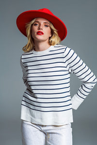 Q2 Women's Sweater Round Neck Jumper In Navy Stripe