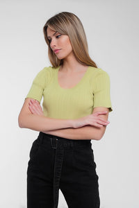 Q2 Women's Sweater Scoop Neck Jumper with Short Sleeve in Green