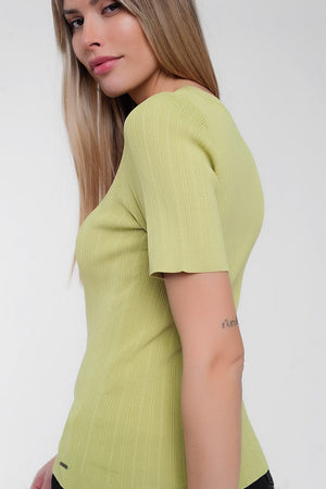 Q2 Women's Sweater Scoop Neck Jumper with Short Sleeve in Green