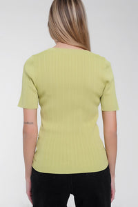 Q2 Women's Sweater Scoop Neck Jumper with Short Sleeve in Green