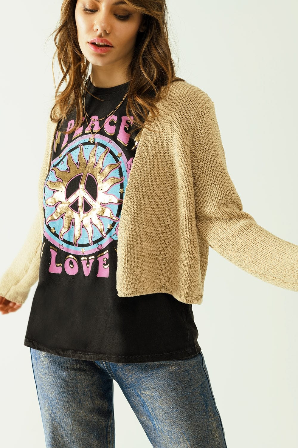 Q2 Women's Sweater Short Open Cardigan In Beige Knit With Long Sleeves
