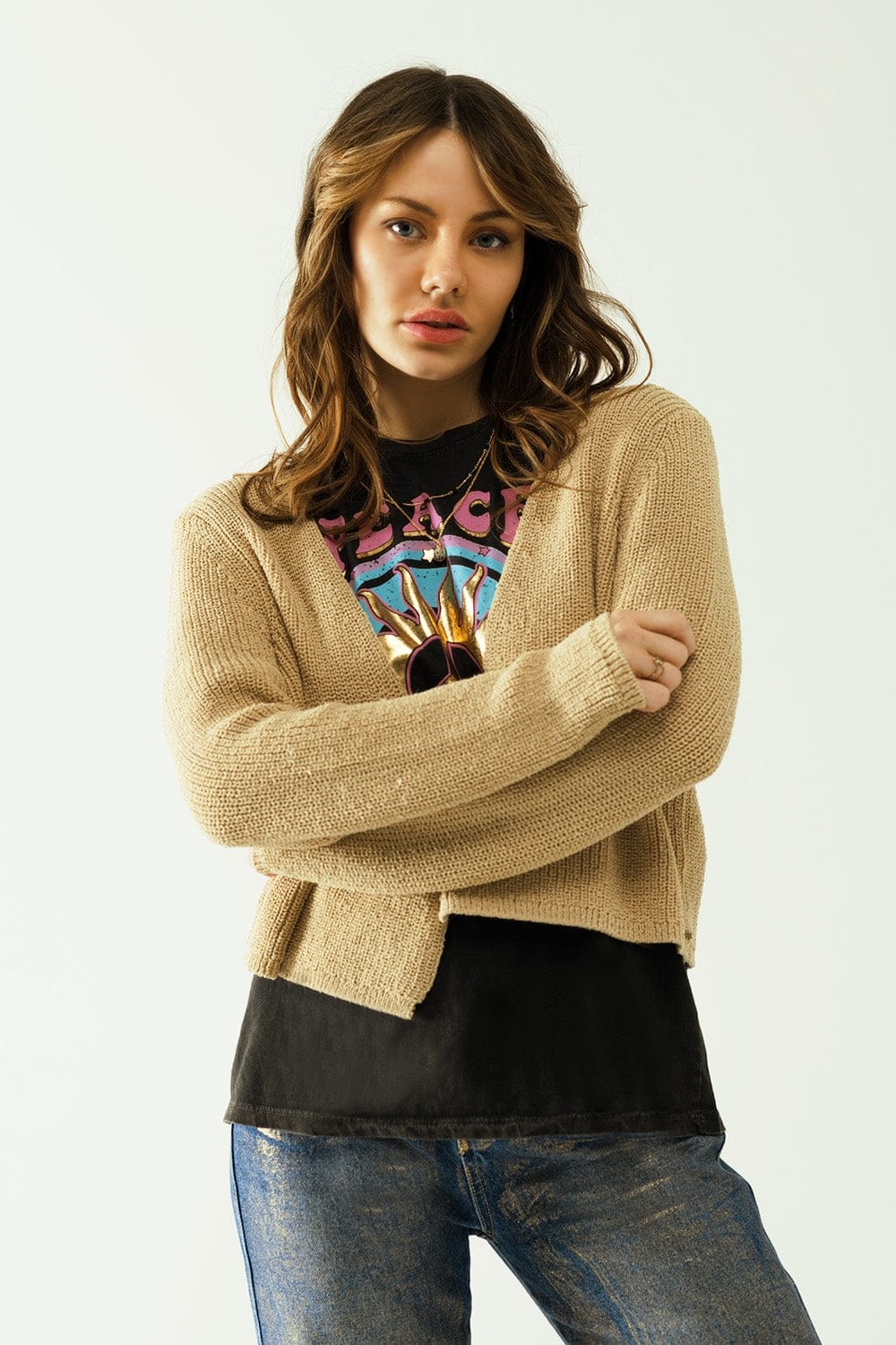 Q2 Women's Sweater Short Open Cardigan In Beige Knit With Long Sleeves