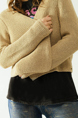 Q2 Women's Sweater Short Open Cardigan In Beige Knit With Long Sleeves