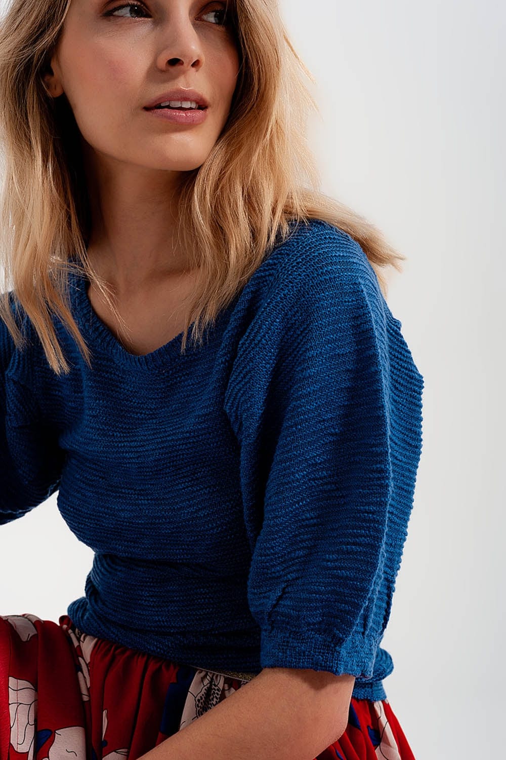 Q2 Women's Sweater Short Sleeve Knitted Top in Blue
