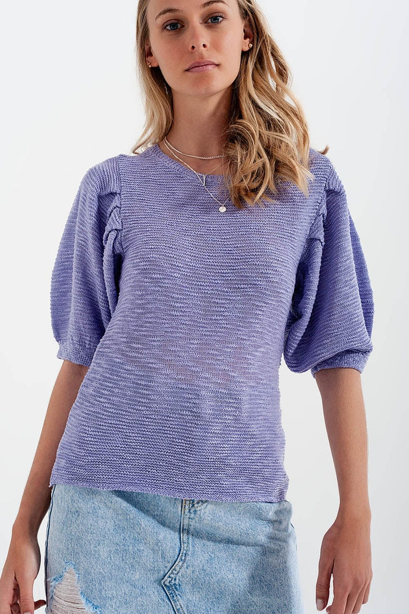 Q2 Women's Sweater Short Sleeve Knitted Top in Violet