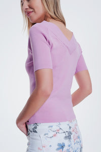 Q2 Women's Sweater Short Sleeve Pink Sweater with V Neck