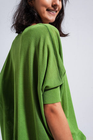 Q2 Women's Sweater Short Sleeve Sweater in V Neck in Green