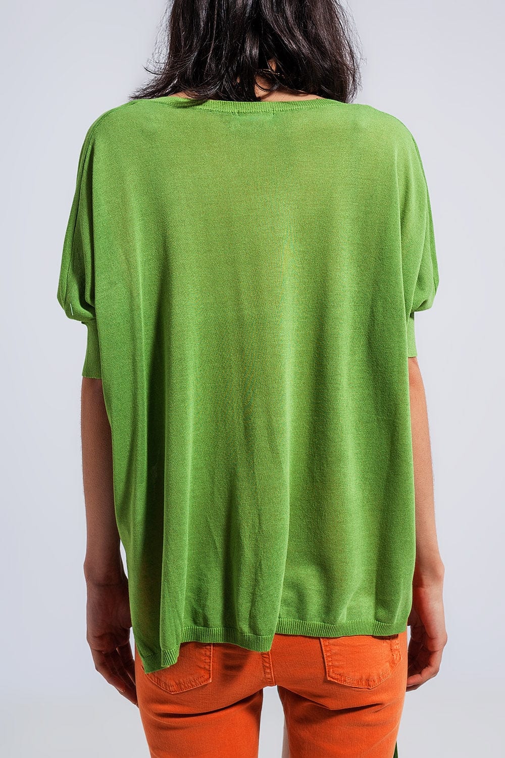 Q2 Women's Sweater Short Sleeve Sweater in V Neck in Green
