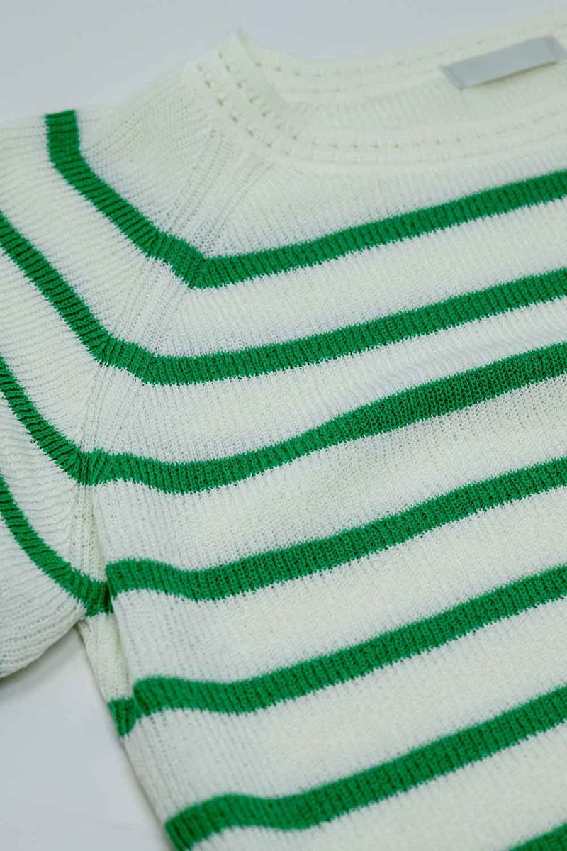 Q2 Women's Sweater Short Sleeves White Knit Sweater With Green Stripes