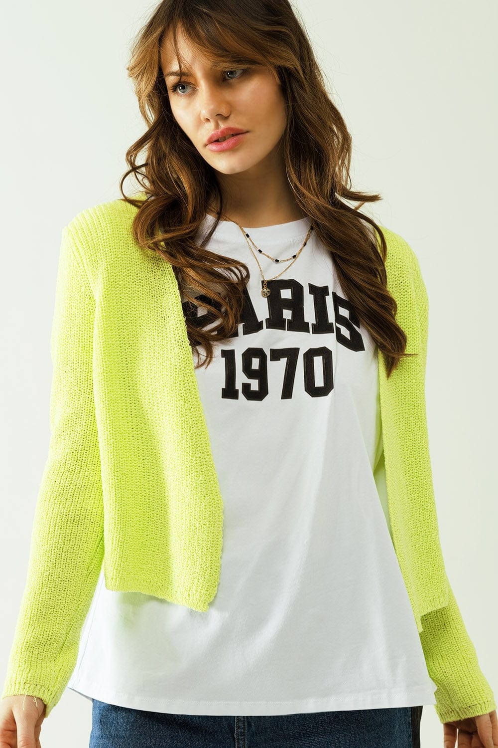 Q2 Women's Sweater Short Yellow Knit Cardigan With Long Sleeves