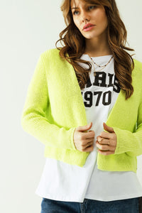 Q2 Women's Sweater Short Yellow Knit Cardigan With Long Sleeves