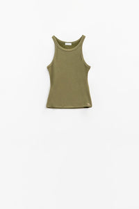 Q2 Women's Sweater Sleeveless Khaki Top With Ribbed Details