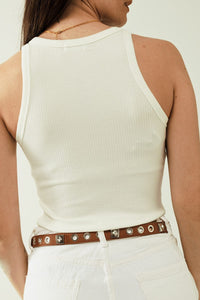 Q2 Women's Sweater Sleeveless White Top With Ribbed Details