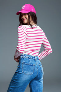 Q2 Women's Sweater Slim Fit Fine Knit Boat Neck Sweater In White With Fuchsia Stripes