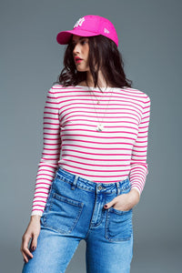 Q2 Women's Sweater Slim Fit Fine Knit Boat Neck Sweater In White With Fuchsia Stripes