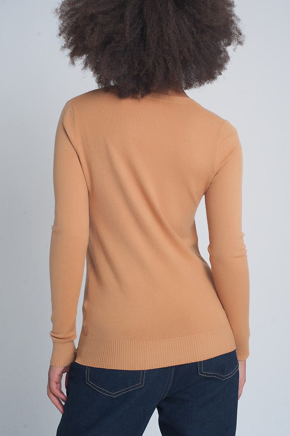 Q2 Women's Sweater Soft Basic Sweater with Camel V-Neck