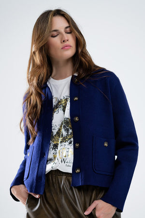 Q2 Women's Sweater Soft Knit Cardigan In Ink Blue With Front Pockets