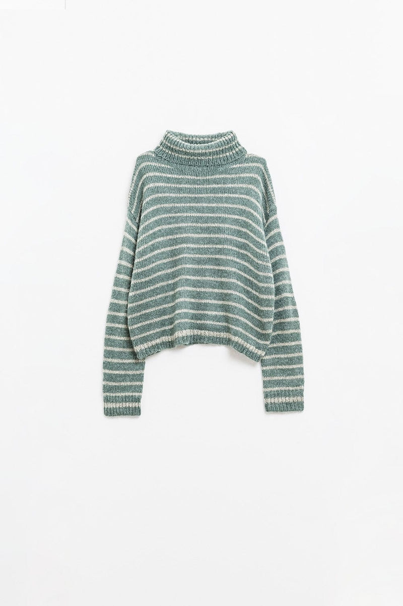 Q2 Women's Sweater Soft Knit Striped Turtleneck Sweater In Green