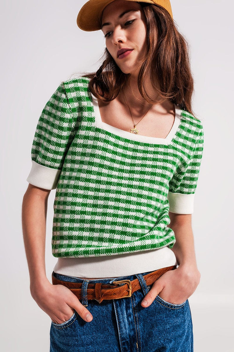 Q2 Women's Sweater Square Neck Jumper in Green and White