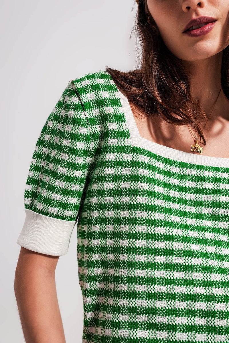 Q2 Women's Sweater Square Neck Jumper in Green and White