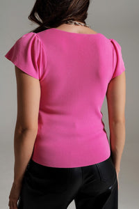 Q2 Women's Sweater Square Neck Puff Sleeve Sweater In Pink