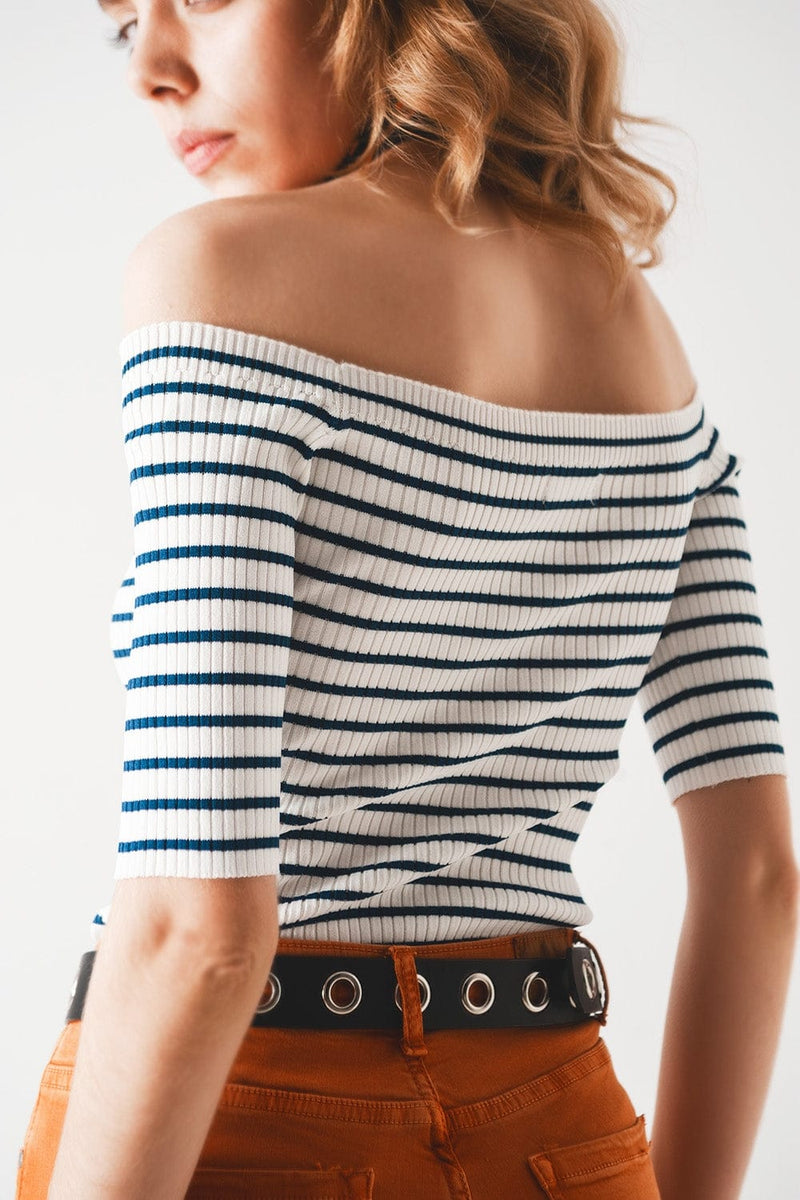 Q2 Women's Sweater Stripe Bardot Top in Navy