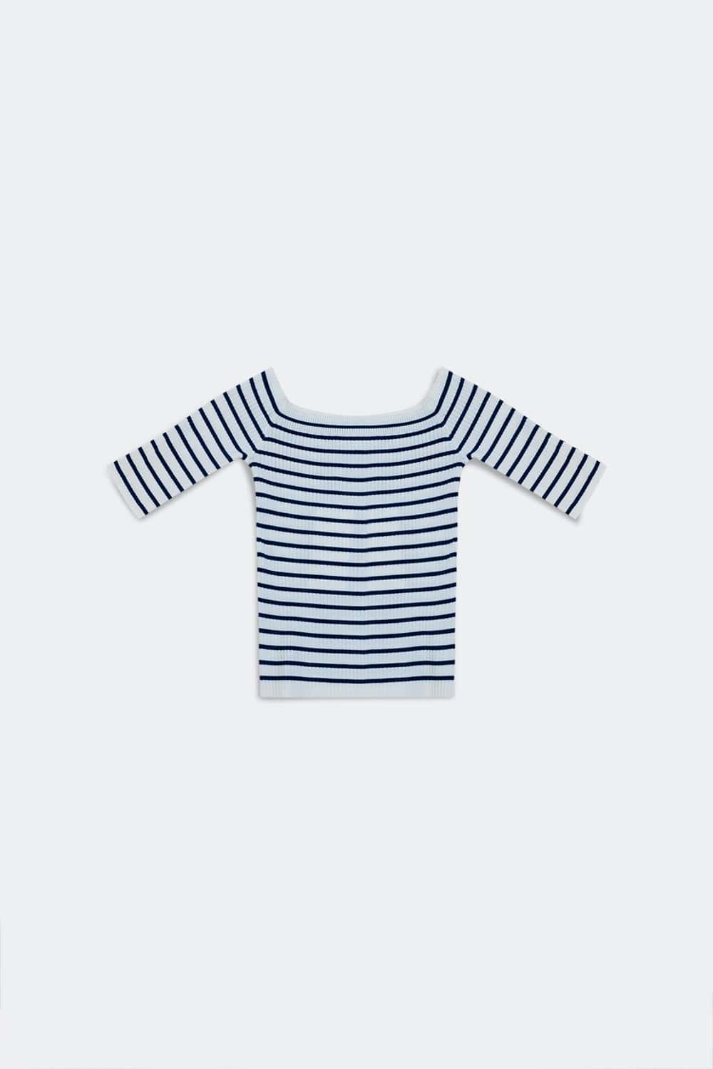 Q2 Women's Sweater Stripe Bardot Top in Navy