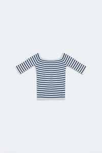 Q2 Women's Sweater Stripe Bardot Top in Navy