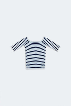 Q2 Women's Sweater Stripe Bardot Top in Navy