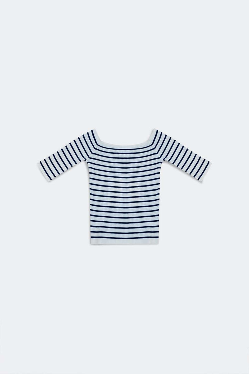 Q2 Women's Sweater Stripe Bardot Top in Navy