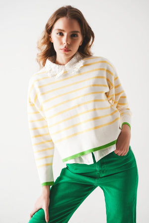 Q2 Women's Sweater Stripe Sweater in Yellow & White