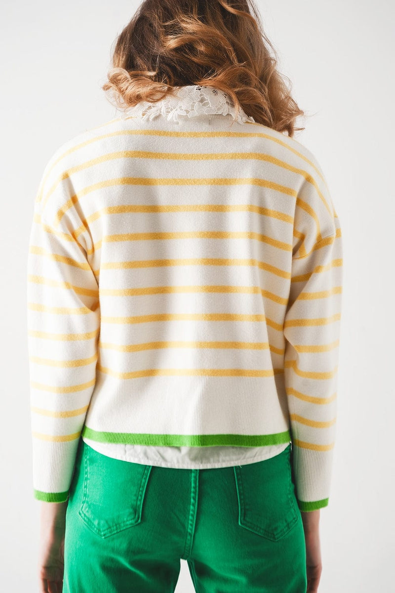 Q2 Women's Sweater Stripe Sweater in Yellow & White