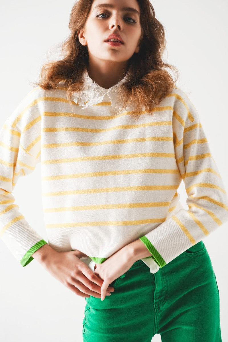 Q2 Women's Sweater Stripe Sweater in Yellow & White