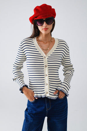 Q2 Women's Sweater Striped Cardigan In Cream With Ruffle Trim