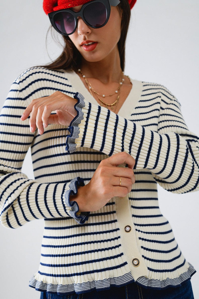 Q2 Women's Sweater Striped Cardigan In Cream With Ruffle Trim