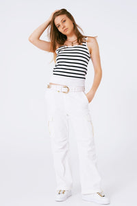 Q2 Women's Sweater Striped Cropped Top In Navy And White