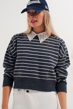 Q2 Women's Sweater Striped Knitted Sweater with Wrangler Sleeves Blue and White