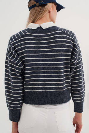 Q2 Women's Sweater Striped Knitted Sweater with Wrangler Sleeves Blue and White