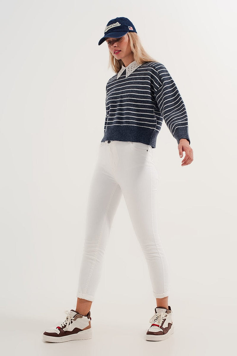 Q2 Women's Sweater Striped Knitted Sweater with Wrangler Sleeves Blue and White