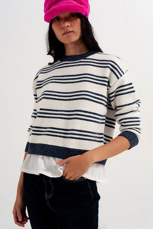 Q2 Women's Sweater Striped Long Sleeved Sweater in White