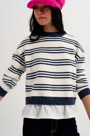 Q2 Women's Sweater Striped Long Sleeved Sweater in White