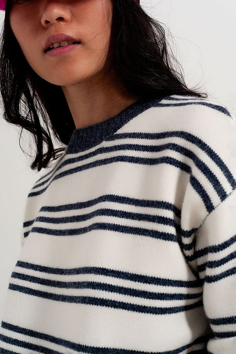 Q2 Women's Sweater Striped Long Sleeved Sweater in White